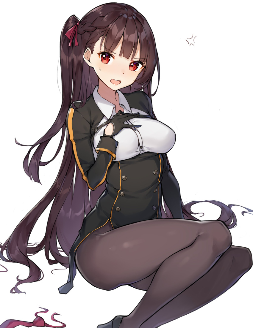 1girl absurdres anger_vein bangs black_dress black_footwear black_gloves blush braid breasts brown_hair brown_legwear collared_shirt commentary_request dress dress_shirt eyebrows_visible_through_hair feet_out_of_frame girls_frontline gloves hair_ribbon hand_on_own_chest hand_up head_tilt highres long_hair long_sleeves looking_at_viewer medium_breasts necktie necktie_removed one_side_up open_mouth pantyhose red_eyes red_neckwear red_ribbon ribbon rikoma shirt simple_background sitting solo sweat upper_teeth v-shaped_eyebrows very_long_hair wa2000_(girls_frontline) white_background white_shirt