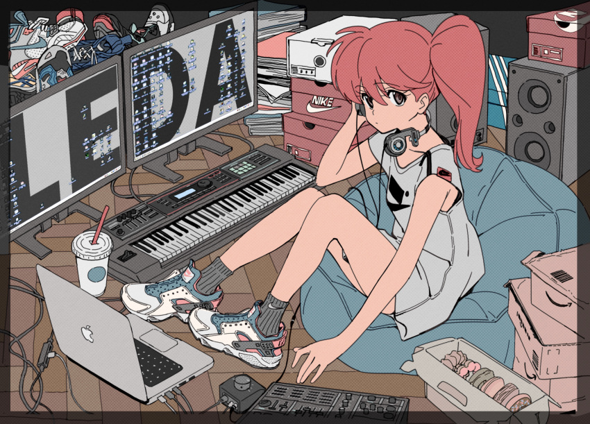 1girl absurdres asagiri_youko bean_bag_chair black_eyes black_legwear book_stack box computer doughnut dress drink eyebrows_visible_through_hair food genmu_senki_leda headphones headphones_around_neck highres instrument keyboard_(instrument) koss laptop looking_at_viewer monitor nike pastry_box pink_hair shoes shoes_removed side_ponytail sitting sleeveless sleeveless_dress sneakers socks solo stereo tarou2