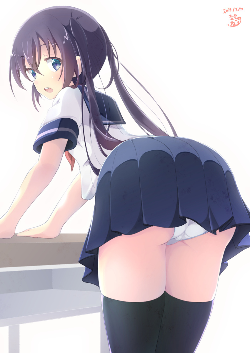 1girl aosora_neko ass black_hair black_legwear blue_eyes blue_skirt dated desk highres looking_back open_mouth original panties school_desk school_uniform serafuku shirt short_sleeves skirt solo standing thigh-highs twintails underwear white_background white_panties white_shirt