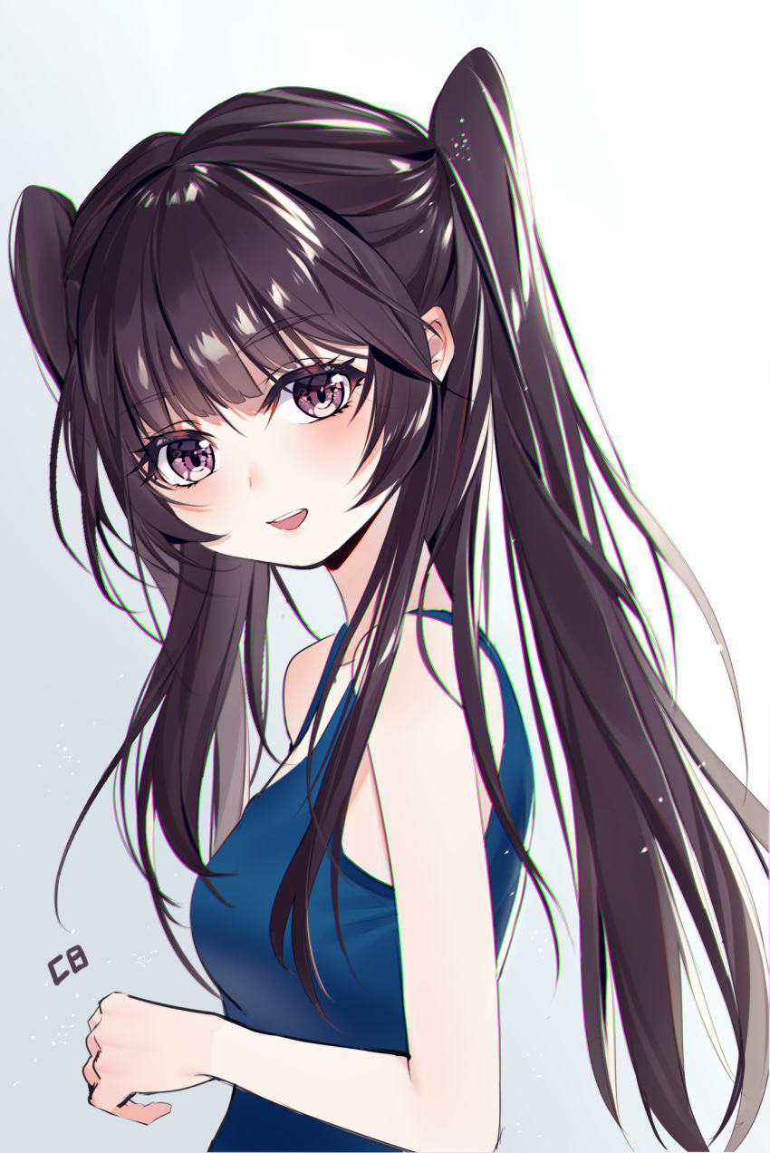 1girl :d bangs baocaizi bare_arms bare_shoulders blue_swimsuit blush breasts brown_eyes brown_hair eyebrows_visible_through_hair gradient gradient_background grey_background hair_between_eyes head_tilt highres long_hair looking_at_viewer looking_to_the_side one-piece_swimsuit open_mouth original school_swimsuit sidelocks small_breasts smile solo swimsuit twintails upper_body upper_teeth white_background