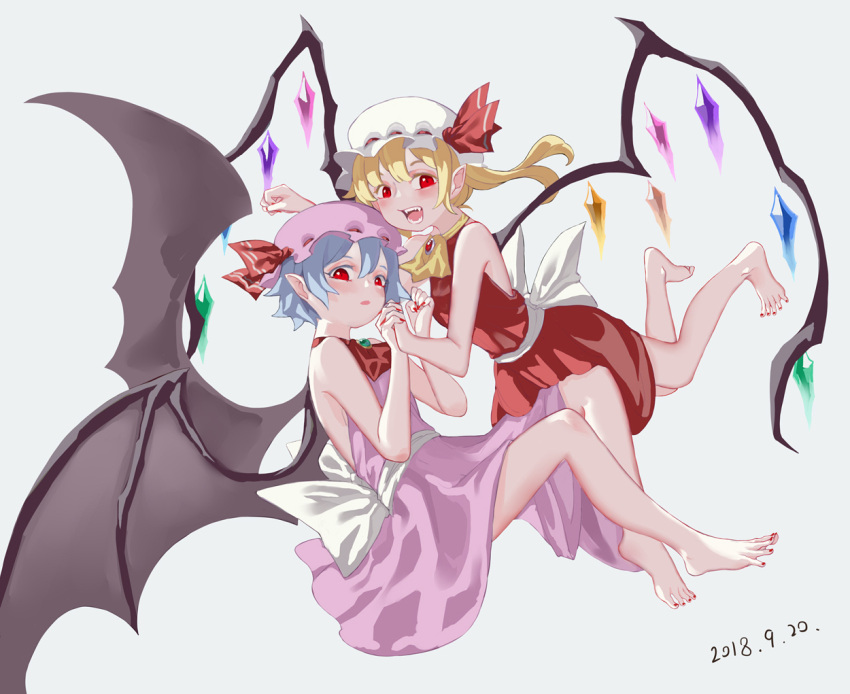 2girls :d adapted_costume ascot bangs bare_arms bare_shoulders barefoot bat_wings blonde_hair blue_hair commentary_request crystal dated dress fangs flandre_scarlet full_body grey_background hair_between_eyes hand_holding hands_up hat hat_ribbon interlocked_fingers kosaka_ushinai long_hair mob_cap multiple_girls nail_polish open_mouth parted_lips pink_dress pink_hat pointy_ears red_dress red_eyes red_nails red_neckwear red_ribbon remilia_scarlet ribbon sash siblings side_ponytail simple_background sisters sleeveless sleeveless_dress smile thighs toenail_polish touhou white_hat white_sash wings yellow_neckwear