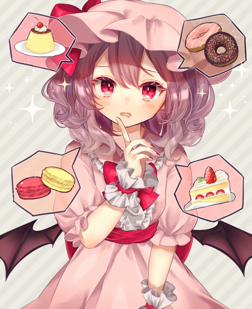 1girl alternate_hair_length alternate_hairstyle arm_up bat_wings blush cherry commentary_request doughnut dress drooling finger_to_face food fruit grey_background hair_between_eyes hat hat_ribbon head_tilt highres looking_at_viewer macaron medium_hair mob_cap nail_polish open_mouth pink_dress pudding puffy_short_sleeves puffy_sleeves purple_hair red_eyes red_nails red_sash remilia_scarlet ribbon sash short_sleeves shortcake slit_pupils solo sparkle speech_bubble spoken_food standing strawberry striped striped_background touhou upper_body whipped_cream wings wrist_cuffs yedan