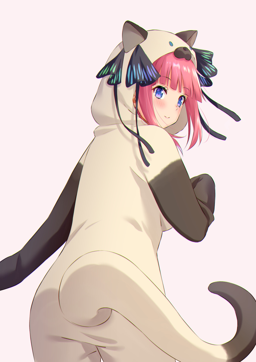 1girl animal_costume animal_hood bangs black_ribbon blue_eyes blunt_bangs blush breasts cat_costume cat_hood eyebrows_visible_through_hair eyelashes go-toubun_no_hanayome grey_background hair_ornament hair_ribbon highres hofumaso hood looking_back medium_breasts nakano_nino pink_hair ribbon sidelocks simple_background smile tail