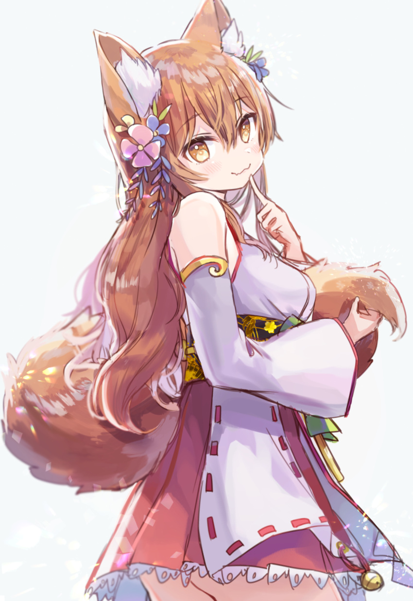 1girl animal_ears bangs bare_shoulders bell blush breasts brown_eyes brown_hair closed_mouth collarbone commentary_request cowboy_shot detached_sleeves eyebrows_visible_through_hair fang finger_to_mouth flower fox_ears fox_tail from_side hair_between_eyes hair_flower hair_ornament highres holding holding_tail japanese_clothes jingle_bell kimono korin_(shironeko_project) long_hair looking_at_viewer medium_breasts rukako shironeko_project simple_background smile solo standing tail wavy_mouth white_background wide_sleeves