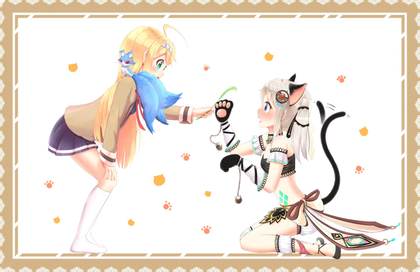 2girls ahoge animal_ears bandeau bangs blonde_hair blue_eyes blush cat_teaser chains couple frame gem gloves green_eyes hair_ornament hair_ribbon highres hina_logi_-_from_luck_&amp;_logic kinaginagi liones_yelistratova long_hair looking_at_another looking_down looking_up midriff multiple_girls navel nina_alexandrovna no_shoes open_mouth paw_gloves paw_print paws ribbon short_shorts shorts silver_hair single_thighhigh sitting socks tail tail_wagging thigh-highs twintails wariza white_legwear white_shorts yuri