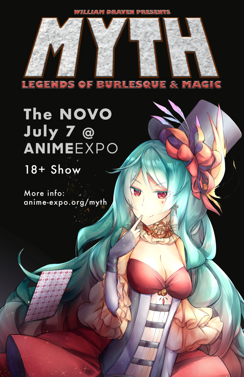 1girl absurdres anime_expo aqua_hair breasts card cleavage corset earrings eyebrows_visible_through_hair feathers frills hat heart_tattoo highres jewelry long_hair medium_breasts naughty_face pikachurin playing_card red_eyes smile solo sparkle tattoo top_hat