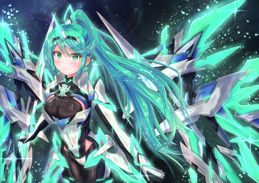 1girl armor bangs blush breasts cocoasabure earrings elbow_gloves gem gloves glowing green_eyes green_hair hair_ornament headpiece highres jewelry large_breasts long_hair looking_at_viewer mechanical_wings night nintendo pneuma_(xenoblade) ponytail sky smile solo spoilers star_(sky) starry_sky swept_bangs tiara very_long_hair wings xenoblade_(series) xenoblade_2