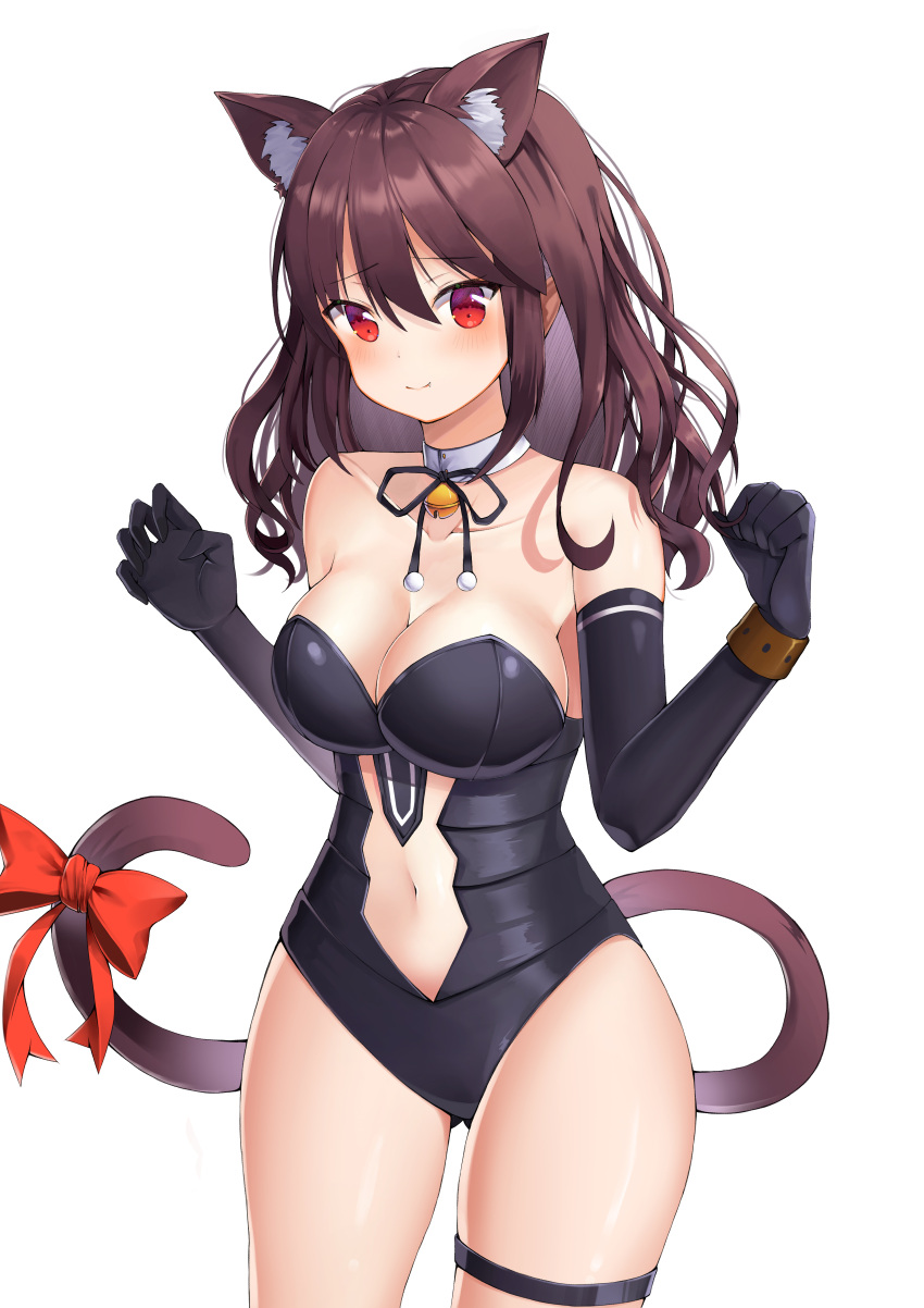 1girl absurdres animal_ear_fluff animal_ears bangs bare_shoulders bell black_gloves black_leotard black_ribbon blush breasts brown_hair cat_ears cat_girl cat_tail center_opening choker cleavage closed_mouth collarbone cowboy_shot cuffs elbow_gloves extra_ears fang gloves gluteal_fold hair_between_eyes hands_up highres jingle_bell kotomaru_(sirouko9511) leotard long_hair looking_at_viewer medium_breasts navel original red_eyes red_ribbon ribbon sidelocks simple_background smile solo standing tail tail_ribbon thigh_strap thighs wavy_hair white_background white_choker