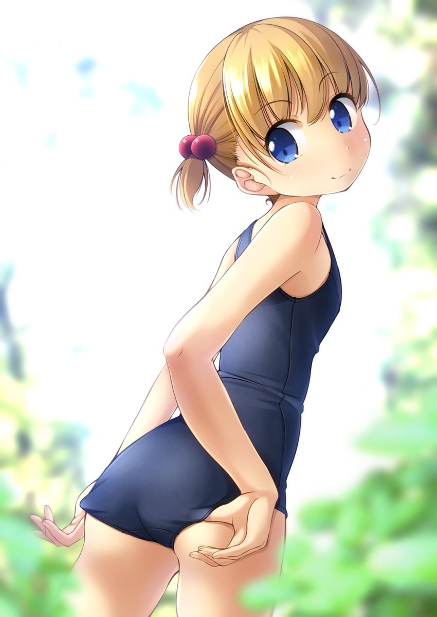 1girl adjusting_clothes adjusting_swimsuit ass bangs bare_arms bare_shoulders blonde_hair blue_eyes blue_swimsuit blurry blurry_background blurry_foreground blush closed_mouth commentary_request day depth_of_field eyebrows_visible_through_hair fingernails hair_between_eyes hair_bobbles hair_ornament head_tilt highres looking_at_viewer looking_back old_school_swimsuit one-piece_swimsuit original outdoors school_swimsuit shibacha side_ponytail sidelocks smile solo swimsuit