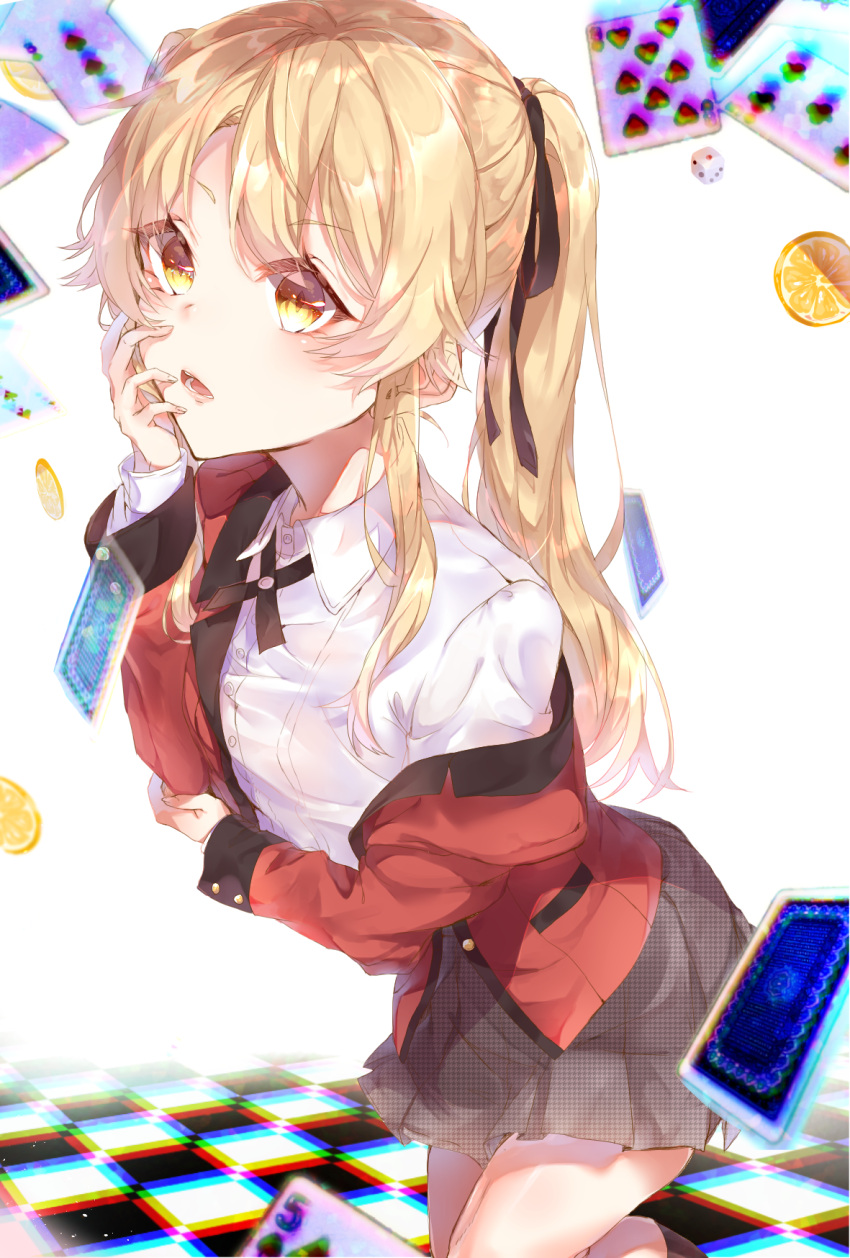 1girl bent_over black_ribbon blonde_hair bob_628 card commentary_request dice eyebrows_visible_through_hair food fruit hair_ribbon hand_on_own_face highres jacket kakegurui lemon lemon_slice long_hair long_sleeves off_shoulder plaid plaid_skirt playing_card pleated_skirt red_jacket ribbon saotome_meari school_uniform shirt simple_background skirt solo tiles twintails white_shirt yellow_eyes