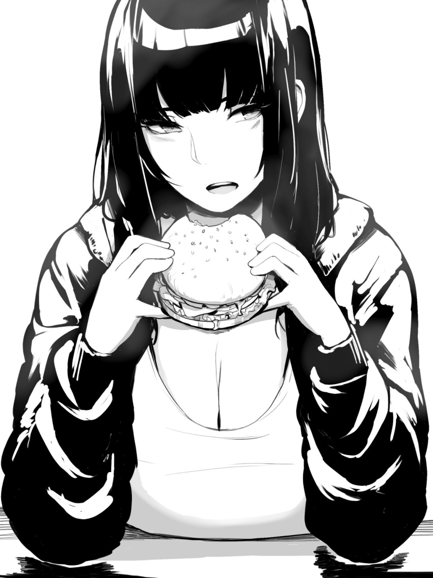 1girl bangs bare_shoulders bitten black_eyes black_hair breasts cleavage collarbone commentary dripping elbows_on_table eyebrows food hamburger highres jacket long_hair long_sleeves looking_to_the_side monochrome naoko_(9113419) open_clothes open_jacket open_mouth shiny shiny_hair simple_background solo table white_background