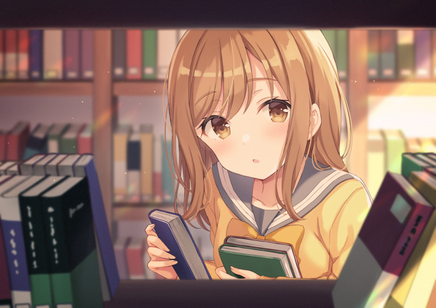 1girl :o blurry blurry_background blurry_foreground blush book book_stack bookshelf bow bowtie brown_eyes brown_hair collarbone commentary_request depth_of_field grey_sailor_collar holding holding_book kunikida_hanamaru library long_hair long_sleeves looking_at_viewer love_live! love_live!_sunshine!! nagisa3710 orange_neckwear parted_lips revision sailor_collar school_uniform shirt sidelocks solo uranohoshi_school_uniform yellow_shirt