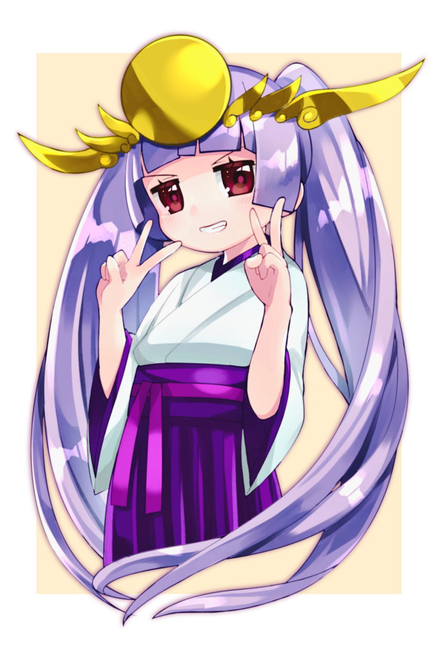 1girl bangs brown_background double_v grin hakama hands_up headpiece highres japanese_clothes kimono long_hair long_sleeves pikomarie purple_hair purple_hakama puzzle_&amp;_dragons red_eyes smile solo twintails two-tone_background v v-shaped_eyebrows very_long_hair white_background white_kimono wide_sleeves yomi_(p&amp;d)