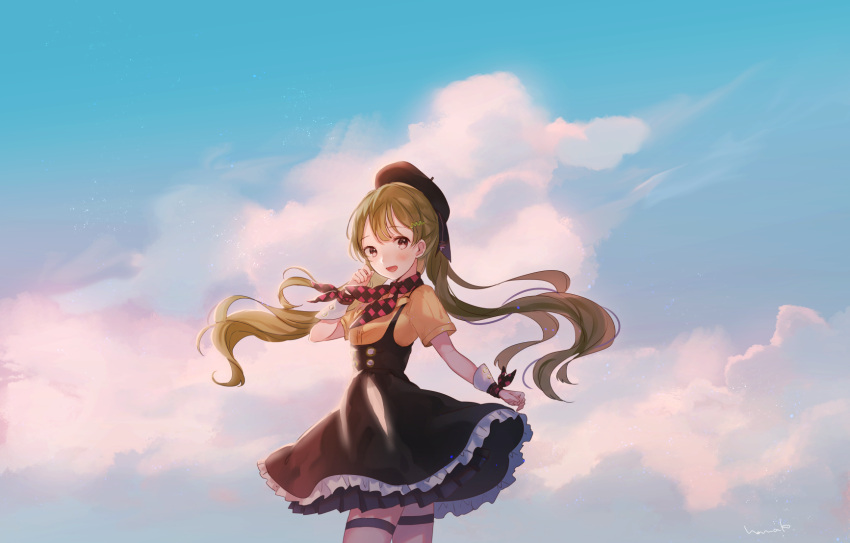 1girl :d black_hat black_ribbon black_skirt blue_sky brown_eyes brown_hair checkered checkered_neckwear clouds cowboy_shot day dress_shirt floating_hair frilled_skirt frills hair_ornament hairclip hanako151 hat hat_ribbon highres layered_skirt long_hair looking_at_viewer open_mouth outdoors ribbon shirt short_sleeves skirt sky smile solo standing suspender_skirt suspenders thigh_strap twintails very_long_hair vocaloid wrist_cuffs xin_hua yellow_shirt