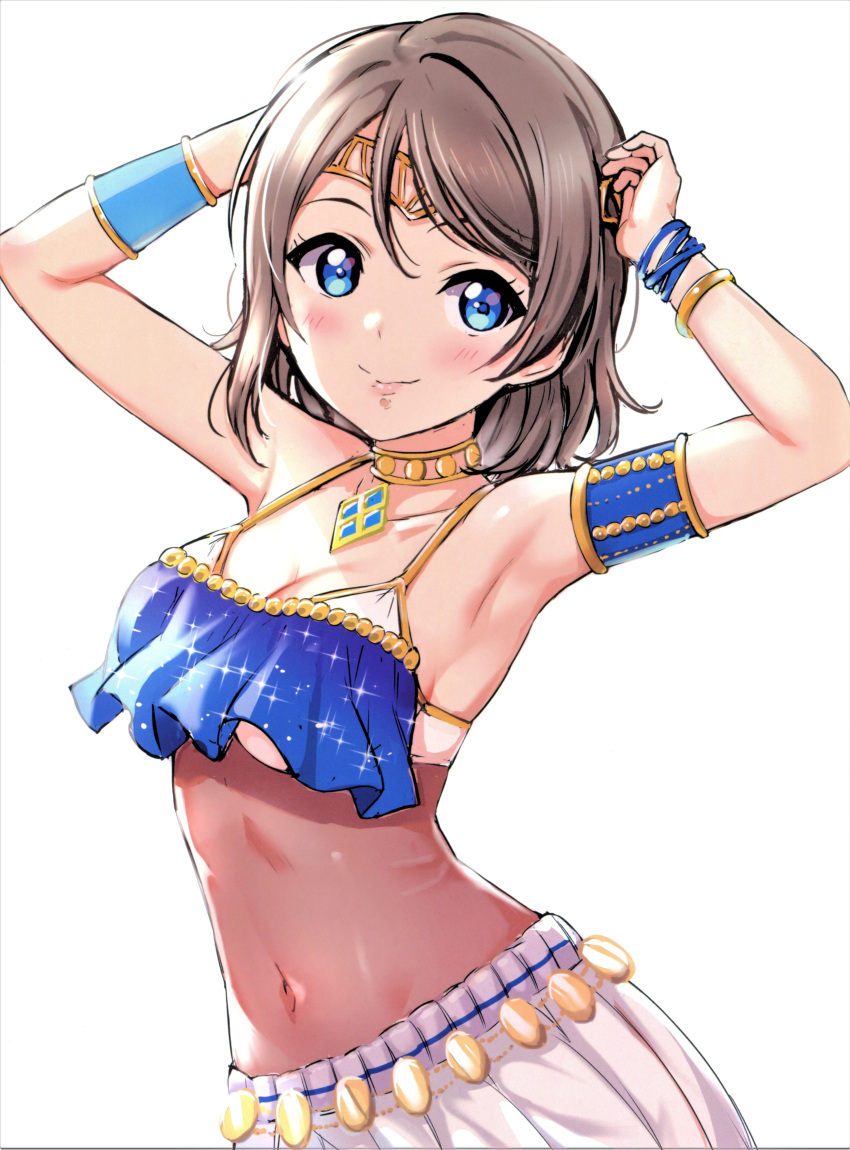 1girl absurdres arabian_clothes armlet armpits arms_up bangs blue_eyes bracelet breasts brown_hair circlet closed_mouth collarbone covered_navel cowboy_shot eyebrows_visible_through_hair highres jewelry looking_at_viewer love_live! love_live!_sunshine!! medium_breasts necklace pendant pleated_skirt revealing_clothes rozen5 scan see-through short_hair simple_background skirt smile solo sparkle swept_bangs under_boob watanabe_you white_background white_skirt