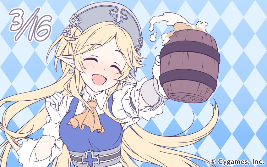 1girl ayase_yukari beer_mug blonde_hair blush closed_eyes collared_shirt cygames earrings elf gloves highres jewelry long_hair official_art open_mouth pointy_ears princess_connect! princess_connect!_re:dive shirt very_long_hair white_gloves
