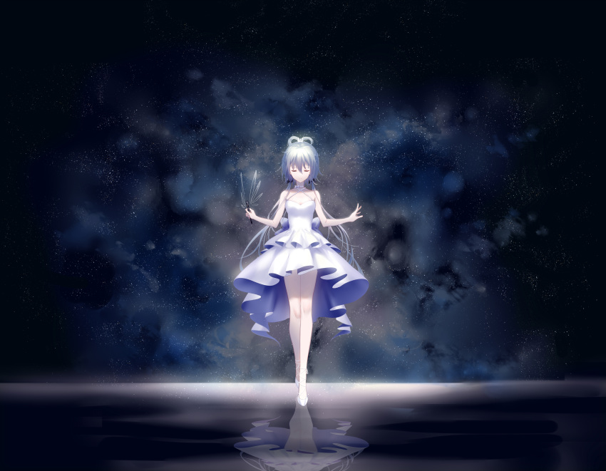 1girl absurdres breasts cleavage closed_eyes day dress floating_hair full_body hair_between_eyes highres holding long_hair luo_tianyi outdoors pumps reflecting_pool short_dress silver_hair sky sleeveless sleeveless_dress small_breasts solo star_(sky) starry_sky tied_hair twintails very_long_hair vocaloid vocanese white_dress white_footwear yaduo