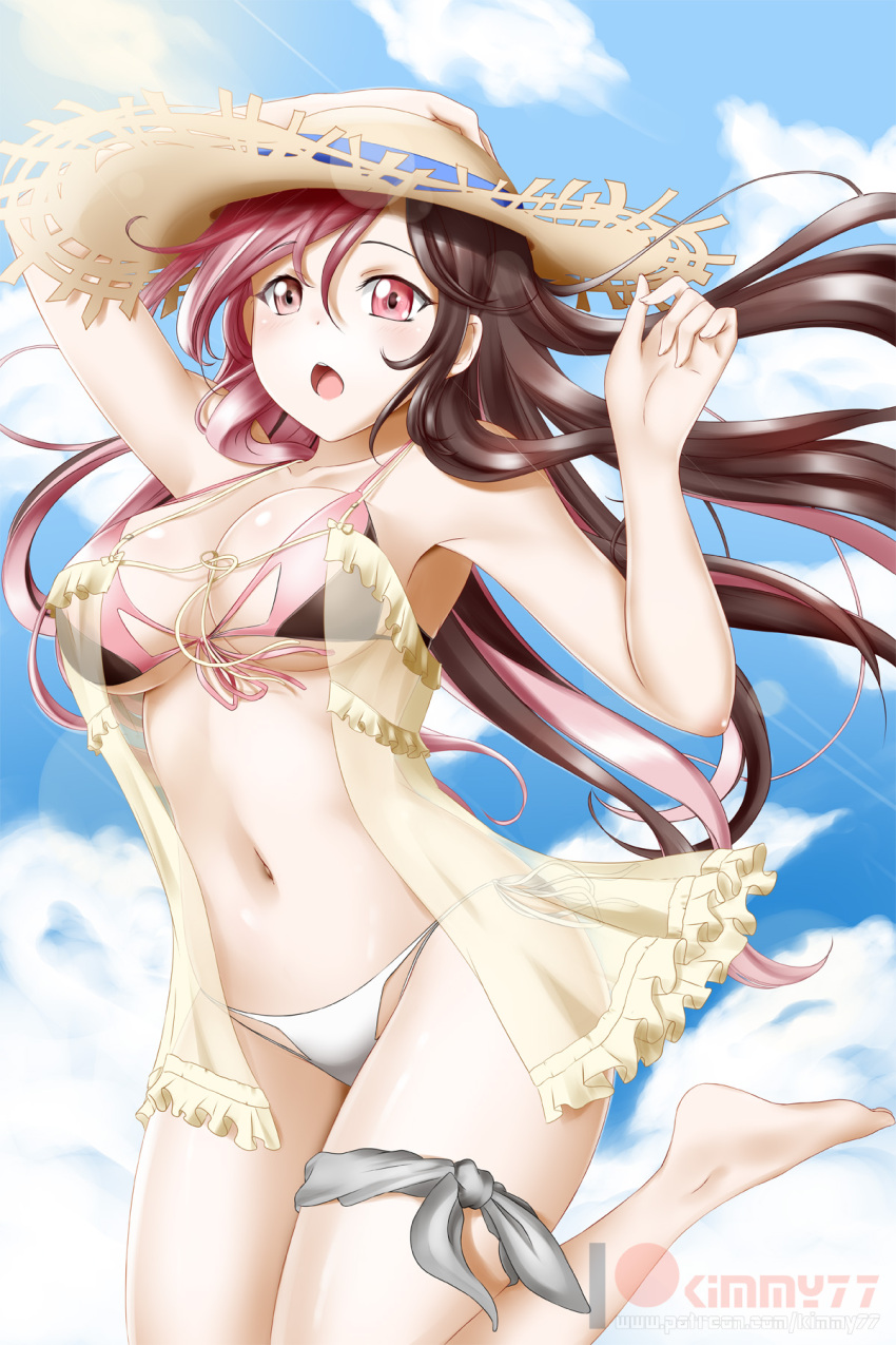 1girl :o alfred_cullado barefoot bikini blue_ribbon blue_sky breasts brown_eyes brown_hair cleavage clouds collarbone floating_hair hair_between_eyes hat hat_ribbon heterochromia highres large_breasts leg_up long_hair looking_at_viewer multicolored_hair neo_(rwby) open_mouth patreon_logo pink_eyes pink_hair ribbon rwby see-through sidelocks sky solo standing standing_on_one_leg straw_hat sun_hat swimsuit thigh_ribbon two-tone_hair under_boob very_long_hair white_bikini_bottom