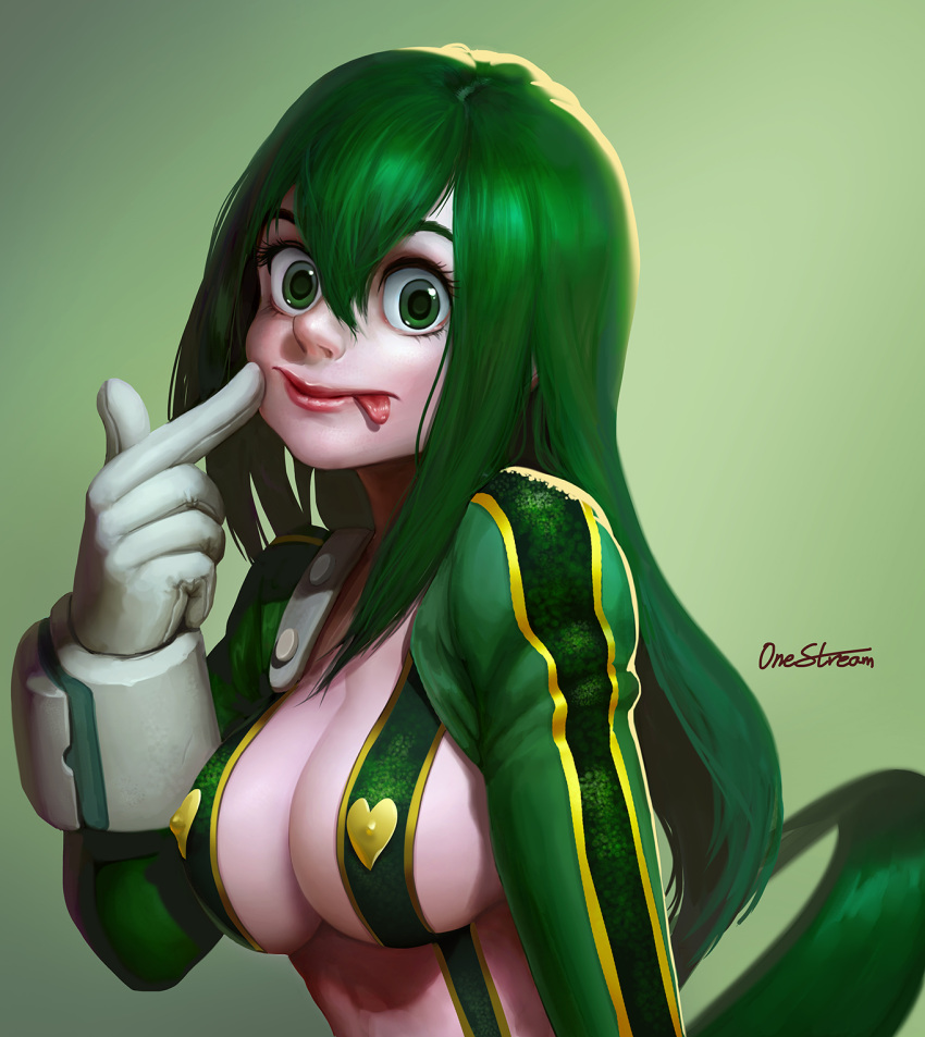 1girl alternate_costume artist_name asui_tsuyu black_eyes black_hair boku_no_hero_academia breasts cleavage commentary_request frog_girl gloves green_background green_eyes green_hair hair_between_eyes hair_rings heart highres large_breasts long_hair looking_at_viewer low-tied_long_hair onestream simple_background smile solo tongue tongue_out upper_body white_gloves