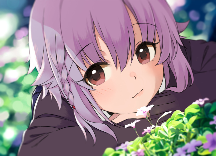 1girl :/ bangs blue_skirt blurry blurry_background blush braid brown_eyes collar crossed_arms day eyebrows_visible_through_hair face flower garden head_rest idolmaster idolmaster_cinderella_girls kirarin369 koshimizu_sachiko lavender_hair long_sleeves looking_away looking_to_the_side lying on_stomach outdoors pleated_skirt short_hair single_braid skirt solo sweater white_collar