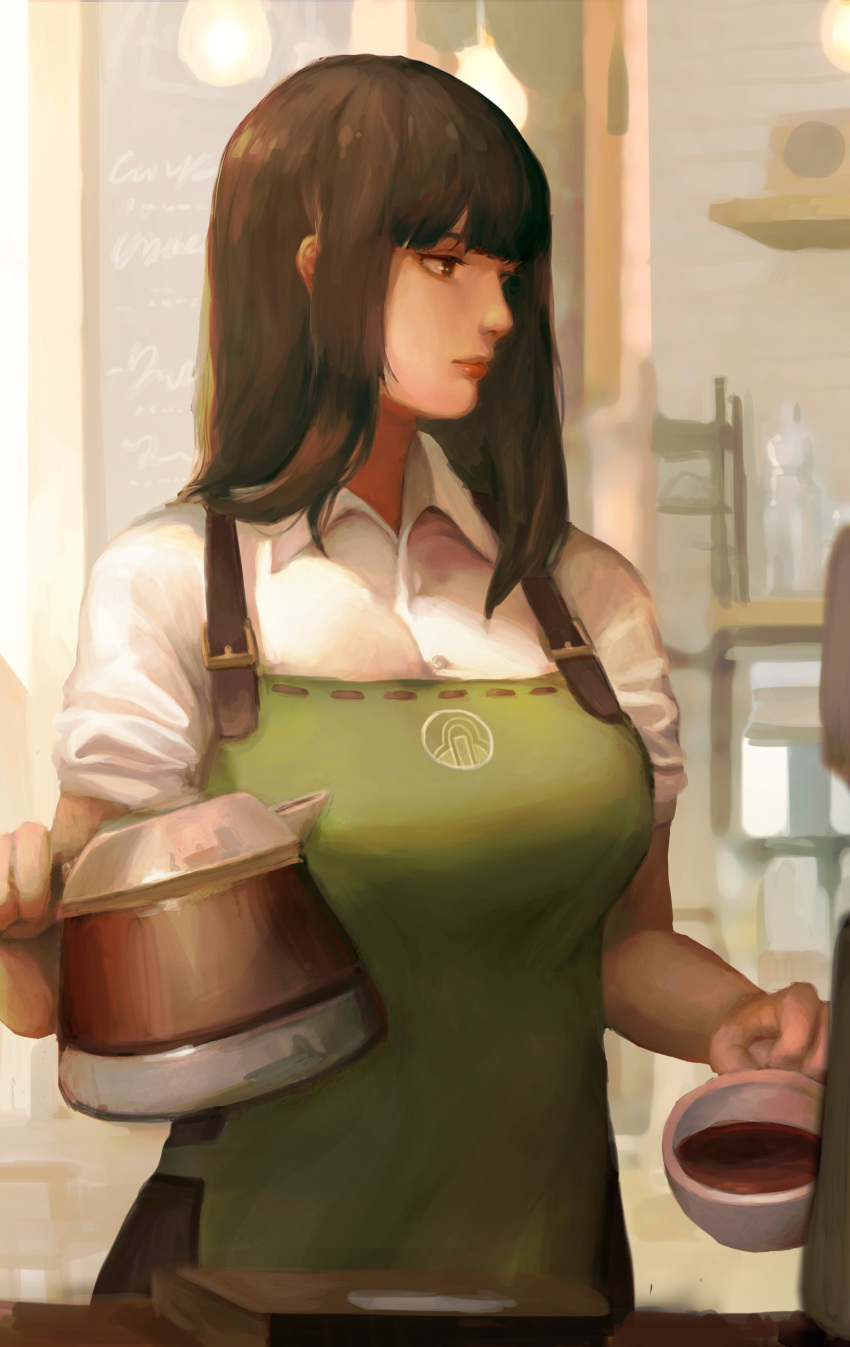 1girl absurdres apron barista black_eyes black_hair blouse breasts cafe coffee coffee_mug commentary cup english_commentary eyebrows highres holding holding_cup indoors interior lips long_hair mug naoko_(9113419) nose original sleeves_rolled_up table