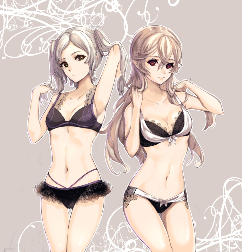 2girls arm_up black_bra black_panties bra breasts cleavage closed_mouth danno_gs female_my_unit_(fire_emblem:_kakusei) female_my_unit_(fire_emblem_if) fire_emblem fire_emblem:_kakusei fire_emblem_if highres lace lace-trimmed_bra lace-trimmed_panties long_hair medium_breasts multiple_girls my_unit_(fire_emblem:_kakusei) my_unit_(fire_emblem_if) navel nintendo panties pointy_ears red_eyes simple_background small smile twintails underwear white_hair yellow_eyes