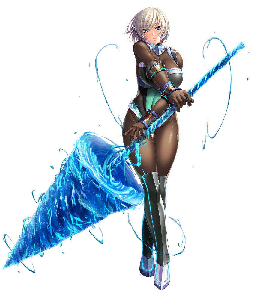 1girl absurdres armor artist_request bangs blue_eyes bodysuit breasts character_request closed_mouth commentary_request covered_navel eyebrows_visible_through_hair full_body gloves highres holding holding_weapon large_breasts looking_at_viewer neon_trim official_art polearm shiny shiny_clothes simple_background skin_tight solo spear standing taimanin_(series) taimanin_asagi_kessen_arena thigh-highs water water_drop weapon white_background white_hair