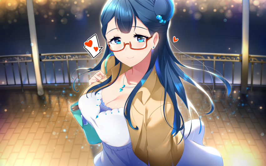 1girl blue_earrings blue_eyes blue_hair breasts cleavage closed_mouth collarbone earrings glasses hair_bun heart highres hugtto!_precure jewelry large_breasts long_hair looking_at_viewer necklace outdoors precure red-framed_eyewear rumo smile solo spoken_heart under_boob yakushiji_saaya