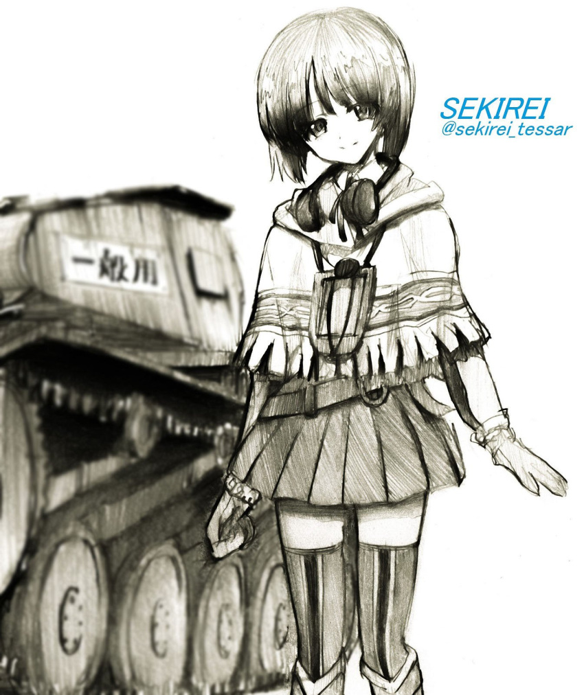 1girl artist_name bangs belt blurry blurry_background boots closed_mouth collared_shirt commentary_request cosplay depth_of_field girls_und_panzer gloom_(expression) gloves graphite_(medium) greyscale ground_vehicle head_tilt headphones headphones_around_neck highres isara_gunther isara_gunther_(cosplay) knee_boots lanyard looking_at_viewer military military_uniform military_vehicle miniskirt monochrome motor_vehicle nishizumi_miho pleated_skirt sekirei_tessar senjou_no_valkyria shawl shirt short_hair skirt smile solo standing striped striped_legwear tank thigh-highs traditional_media twitter_username uniform vehicle_request vertical-striped_legwear vertical_stripes