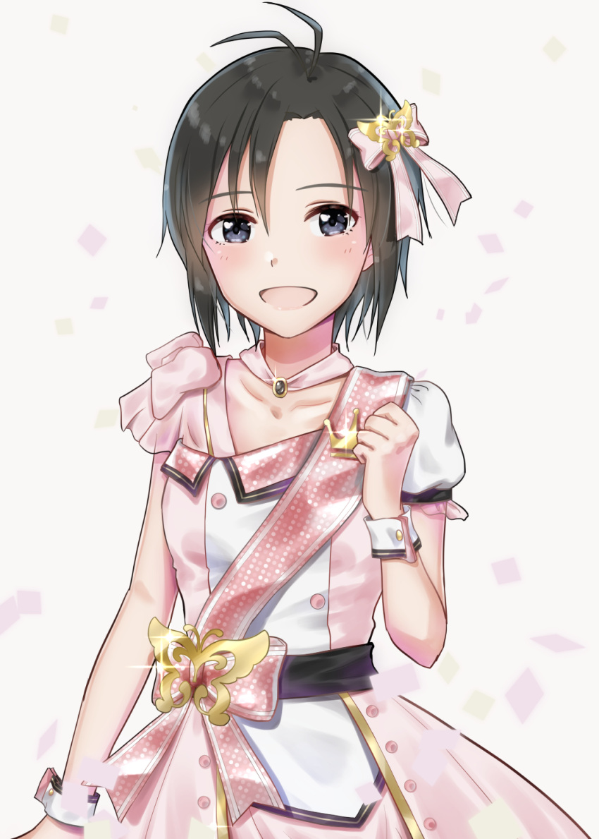 1girl :d antenna_hair asymmetrical_sleeves black_eyes black_hair bow butterfly_hair_ornament detached_collar dress hair_between_eyes hair_bow hair_ornament highres idolmaster idolmaster_(classic) kikuchi_makoto looking_at_viewer mogskg open_mouth pink_bow shiny shiny_hair short_sleeves smile solo sparkle standing white_background wrist_cuffs
