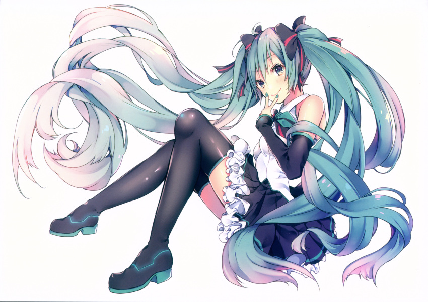 1girl absurdres aqua_hair aqua_nails bangs bare_shoulders boots bow breasts closed_mouth detached_sleeves fingernails floating_hair from_side full_body gradient gradient_hair green_eyes green_hair hair_bow hair_ribbon hatsune_miku highres huge_filesize long_hair looking_at_viewer medium_breasts multicolored_hair nail_polish ribbon scan shiny shiny_clothes shiny_hair shiomizu_(swat) simple_background sitting skirt sleeveless smile solo thigh-highs thigh_boots twintails very_long_hair vocaloid white_background