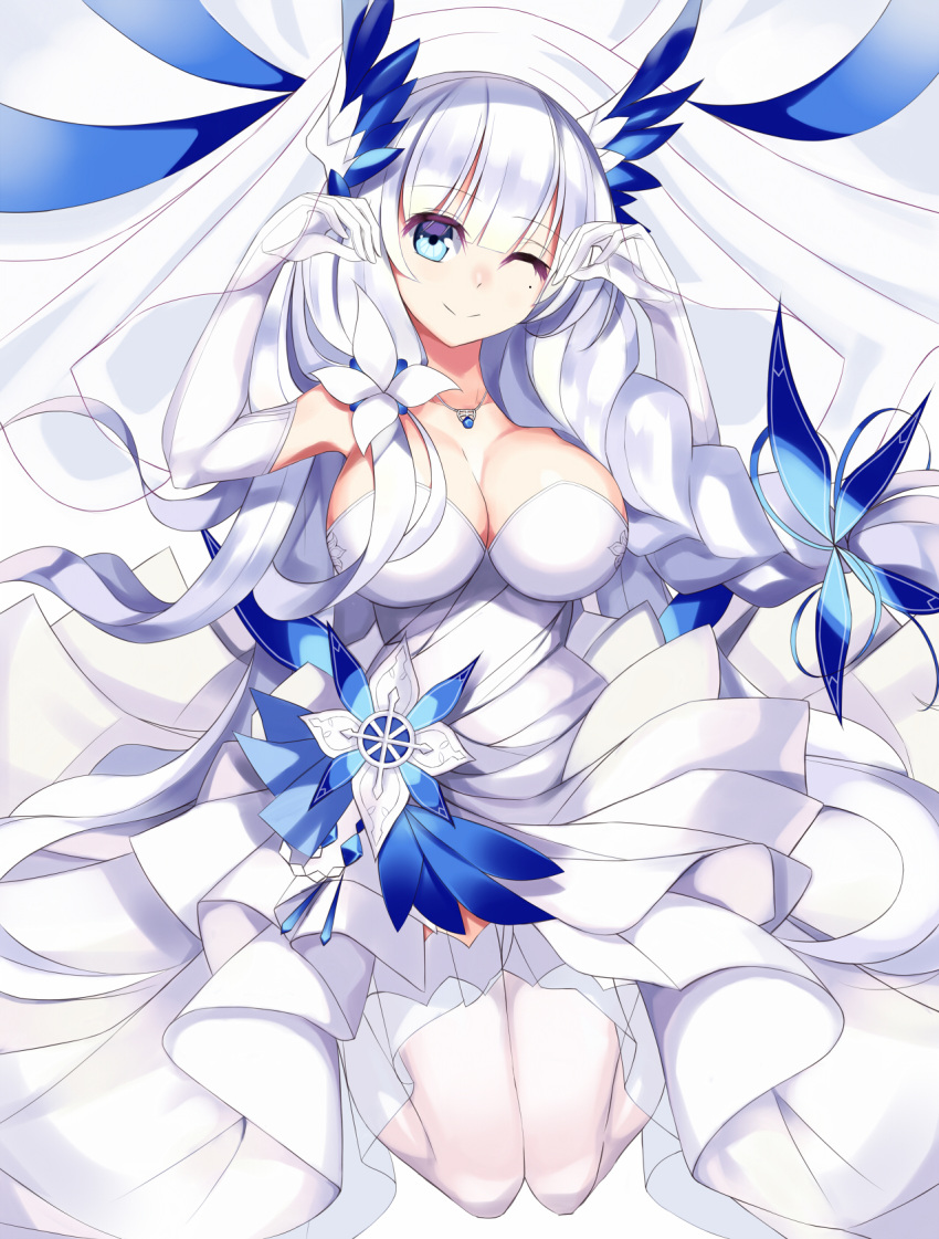 1girl ;) azur_lane bangs blue_eyes blunt_bangs braid breasts cleavage closed_mouth commentary_request elbow_gloves eyebrows_visible_through_hair gloves highres illustrious_(azur_lane) jewelry large_breasts long_hair looking_at_viewer mole mole_under_eye necklace one_eye_closed silver_hair single_braid smile solo veil vin white_gloves white_legwear