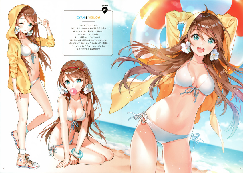 1girl absurdres ancotaku arm_up arms_behind_head arms_up bangs bare_shoulders beach bikini blue_eyes blue_sky blush bracelet breasts brown_hair bubble bubble_blowing chewing_gum closed_mouth clouds cloudy_sky collarbone day dutch_angle eyebrows_visible_through_hair food front-tie_bikini front-tie_top full_body gluteal_fold highres hood hooded_jacket huge_filesize innertube jacket jewelry long_hair looking_at_viewer medium_breasts navel ocean one_eye_closed open_clothes open_jacket open_mouth original outdoors page_number scan shiny shiny_hair shoes side-tie_bikini sitting sky sneakers socks solo standing stomach swimsuit thighs tongue v water white_bikini yellow_jacket