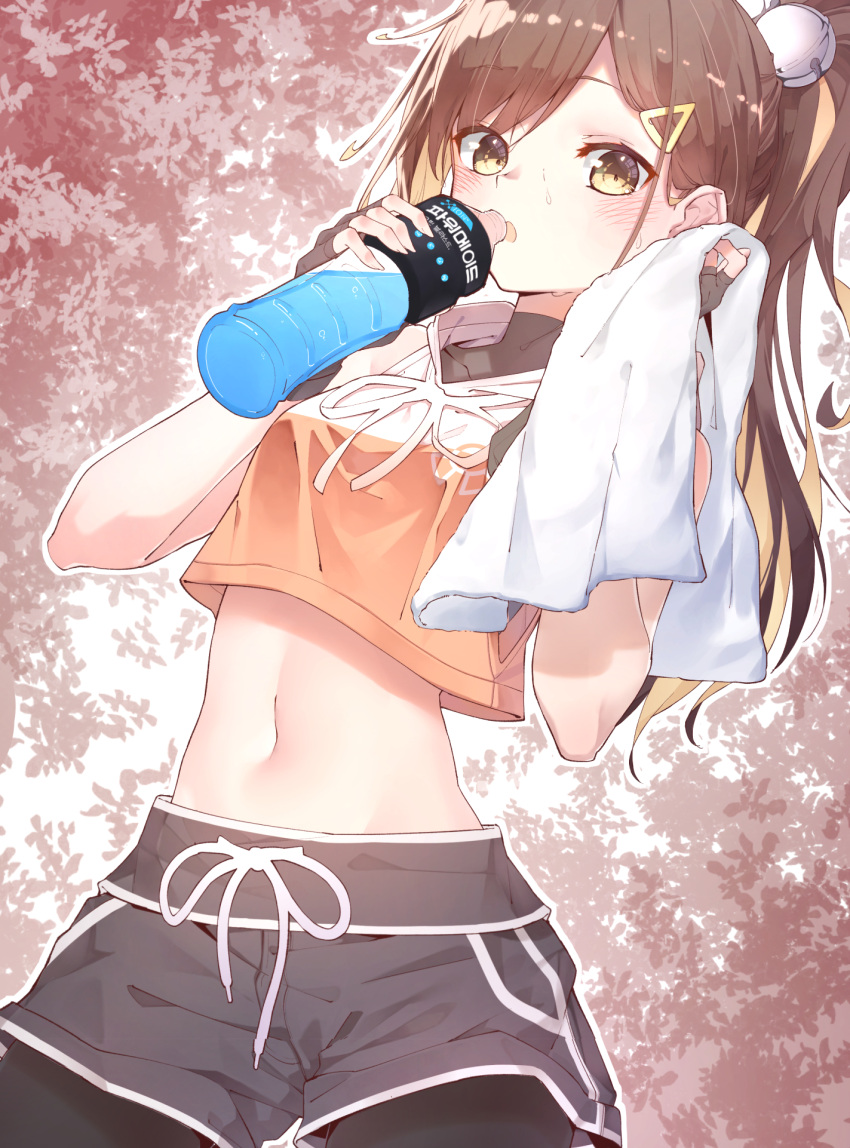 1girl :o bangs bare_arms bare_shoulders bell black_gloves black_legwear blonde_hair blush bottle breasts brown_eyes brown_hair collarbone cowboy_shot crop_top crop_top_overhang drinking energy_drink fingerless_gloves gloves grey_shorts hair_ornament hairclip hands_up highres holding holding_bottle holding_towel jingle_bell korean_text long_hair looking_at_viewer midriff multicolored_hair navel open_mouth orange_shirt original pantyhose plant ponytail ribbon se.a shirt short_shorts shorts sidelocks sleeveless sleeveless_shirt small_breasts solo standing stomach sweat towel two-tone_hair white_neckwear white_ribbon
