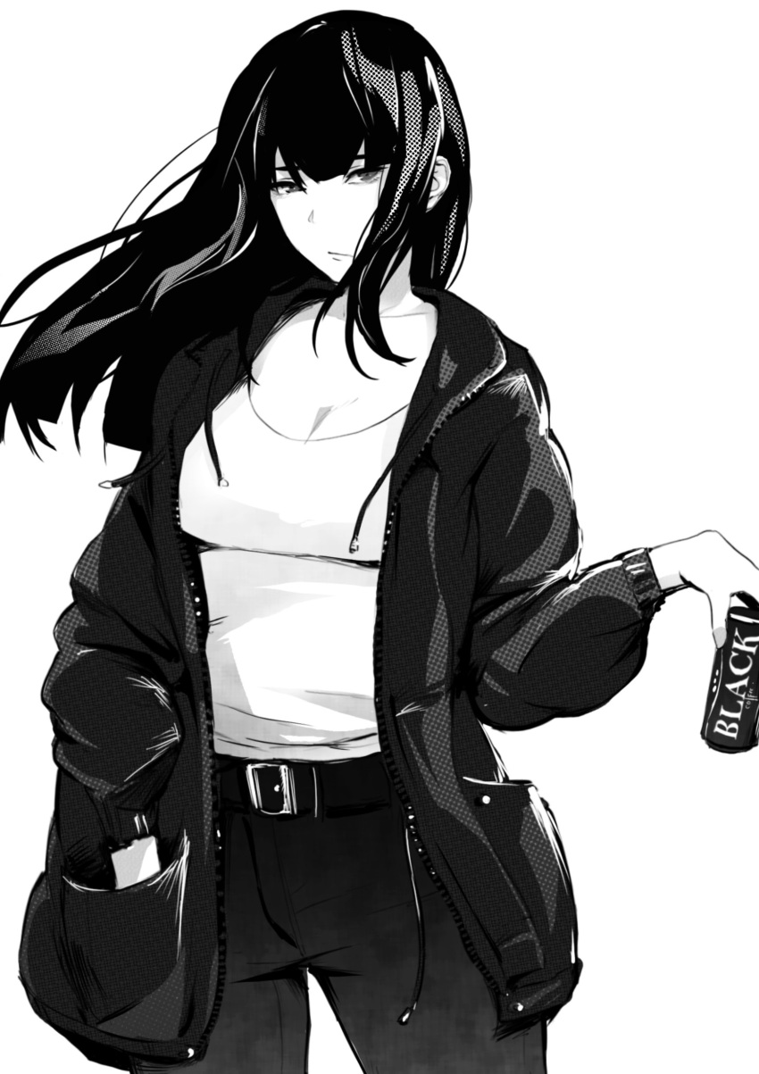 1girl absurdres bangs belt belt_buckle black_eyes black_hair black_jacket blunt_bangs breasts buckle can canned_coffee coffee commentary english_commentary hand_in_pocket highres holding holding_can jacket long_hair long_sleeves naoko_(9113419) open_clothes open_jacket original pants