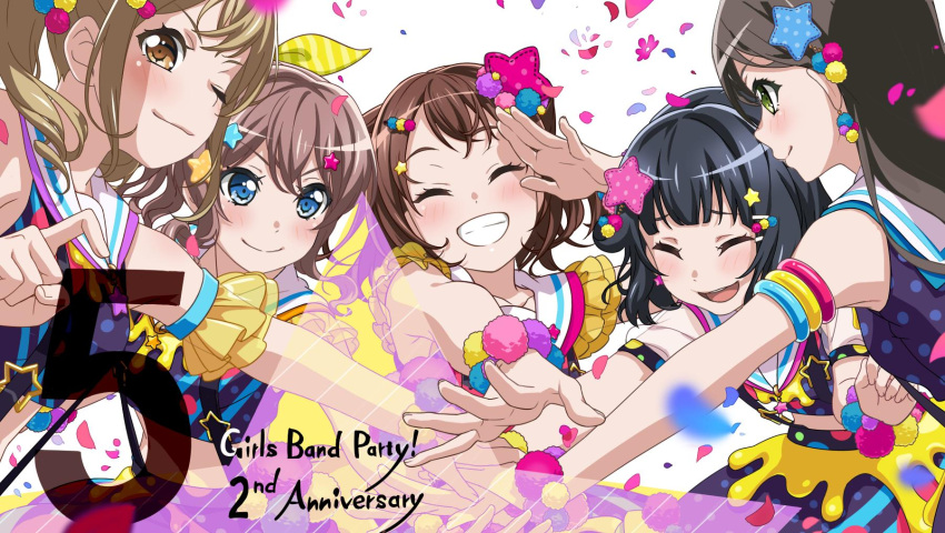 &gt;:) 5 5girls ;) ^_^ anniversary armlet bang_dream! bangs black_hair blonde_hair blue_eyes blush brown_eyes brown_hair closed_eyes closed_eyes commentary_request confetti copyright_name countdown detached_sleeves frilled_sleeves frills green_eyes grin hair_ornament hair_ribbon hanazono_tae hands_together highres huddle ichigaya_arisa long_hair looking_at_another looking_at_viewer multiple_girls number official_art one_eye_closed polka_dot pom_pom_(clothes) pom_pom_earrings poppin'party ribbon salute short_hair skirt sleeveless smile star star_hair_ornament striped striped_ribbon suspenders toyama_kasumi twintails ushigome_rimi wrist_cuffs yamabuki_saaya yellow_ribbon