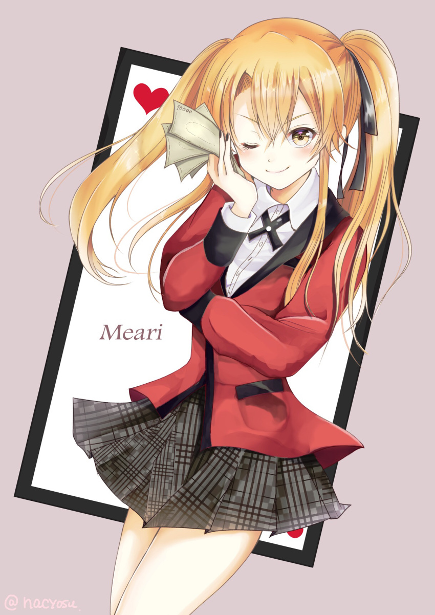 1girl @ artist_name blonde_hair blush breasts character_name commentary_request dot_nose eyebrows_visible_through_hair hair_between_eyes heart highres jacket kakegurui long_hair looking_at_viewer medium_breasts money nachosu one_eye_closed plaid plaid_skirt pleated_skirt red_heart red_jacket saotome_meari school_uniform shirt skirt smile solo twintails white_shirt