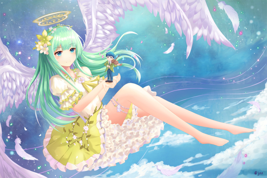 1boy 1girl angel angel_wings aqua_hair barefoot blue_eyes blue_hair blue_pants blue_sky blush commission dew_(7302235) dress flower frills hair_flower hair_ornament halo holding instrument music musical_note original pants playing_instrument puffy_short_sleeves puffy_sleeves short_sleeves sitting size_difference sky smile twitter_username violin wings