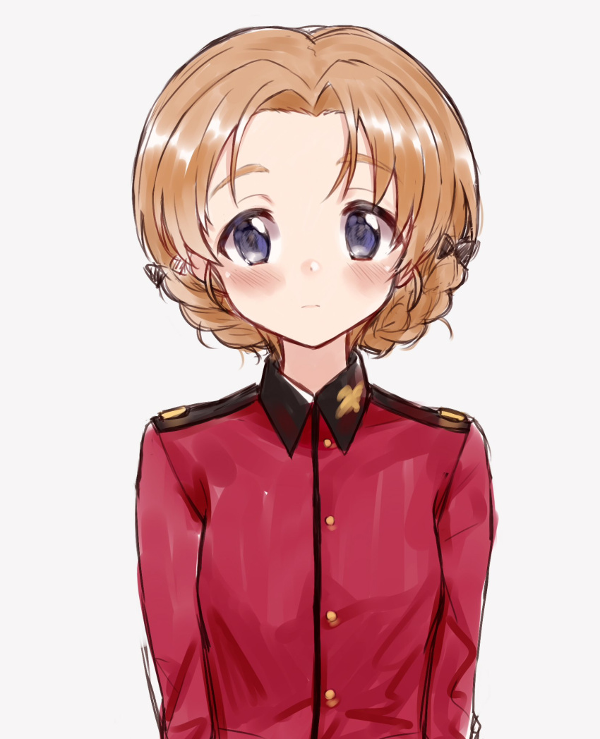 1girl bad_id bad_twitter_id bangs black_bow blue_eyes blush bow braid closed_mouth commentary epaulettes eyebrows_visible_through_hair frown girls_und_panzer hair_bow highres insignia jacket lips long_sleeves looking_at_viewer mamu_t7s military military_uniform orange_hair orange_pekoe parted_bangs red_jacket short_hair simple_background solo st._gloriana's_military_uniform tied_hair twin_braids uniform upper_body white_background