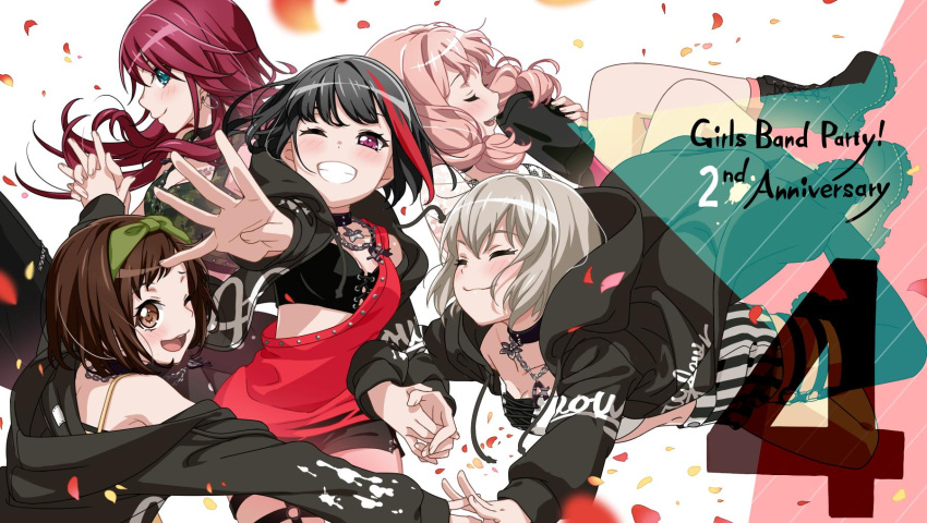 4 5girls :3 ;d ^_^ afterglow_(bang_dream!) anniversary aoba_moca bang_dream! bangs black_choker black_footwear black_hair black_jacket bob_cut boots brown_eyes brown_hair chain_necklace choker closed_eyes clothes_writing commentary_request copyright_name countdown crop_top green_eyes grey_hair grin hand_holding hands_clasped hazawa_tsugumi highres hood hood_down hooded_jacket jacket long_hair looking_at_viewer looking_back mitake_ran multiple_girls number off_shoulder official_art one_eye_closed open_mouth own_hands_together paint_stains petals red_shirt redhead shirt short_hair shorts single_strap smile spaghetti_strap striped striped_shorts thigh-highs thigh_strap twintails u_u udagawa_tomoe uehara_himari violet_eyes