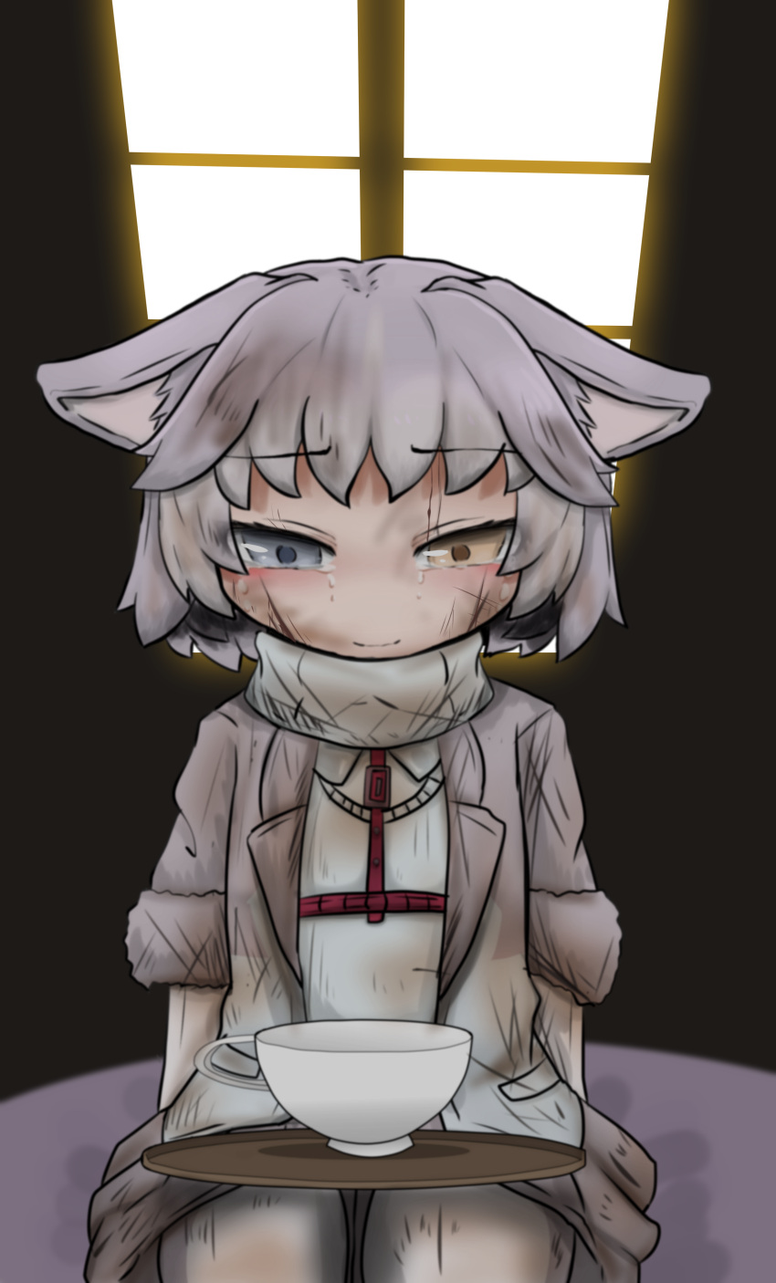 1girl absurdres animal_ears arms_behind_back bangs blue_eyes closed_mouth commentary_request crystal cup dirty dirty_clothes dirty_face dog_(mixed_breed)_(kemono_friends) dog_ears ears_down elbow_gloves eyebrows_visible_through_hair furrowed_eyebrows gloves grey_hair half-closed_eyes harness heterochromia highres indoors jacket kemono_friends looking_down onaji_(sokudo_seigen) open_clothes open_jacket pantyhose pocket scratches short_hair short_sleeves sitting skirt smile solo sweater tray turtleneck window yellow_eyes