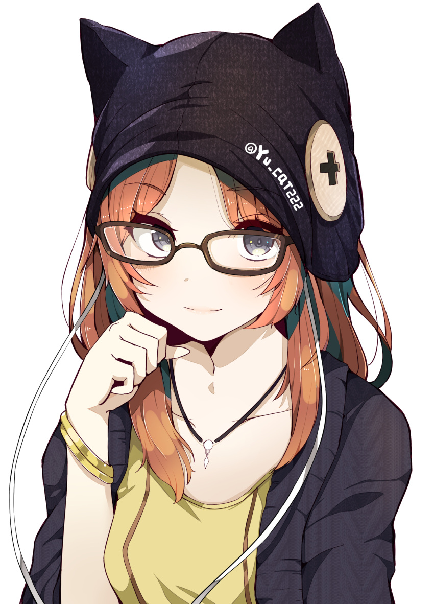 1girl animal_hat beanie black-framed_eyewear black_eyes black_hat black_jacket bracelet brown_hair casual cat_hat clenched_hand collarbone commentary_request glasses hand_on_own_chin hat highres jacket jewelry long_hair original pendant shirt simple_background smile solo twitter_username upper_body white_background yellow_shirt yunekoko