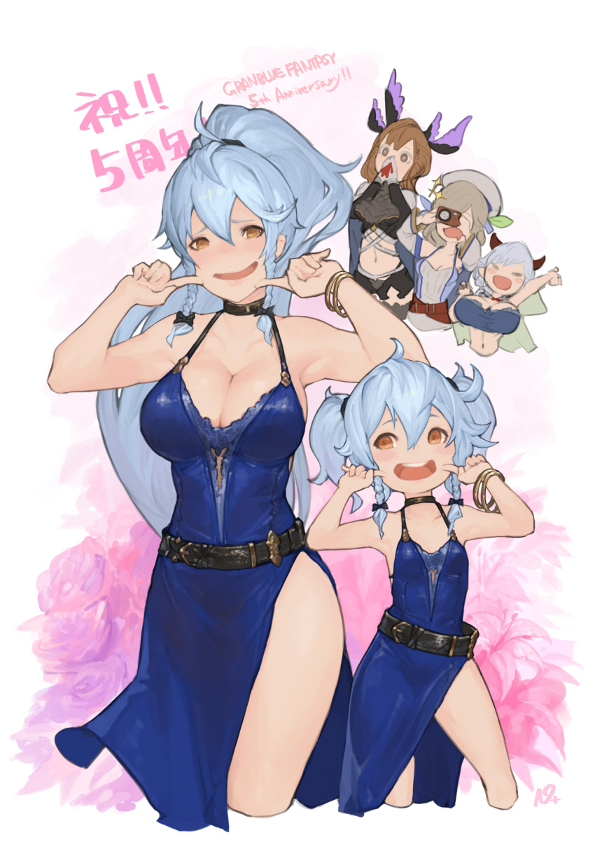 5girls :d anniversary bare_shoulders belt blood blue_dress blue_hair blush bracelet braid breasts brown_eyes brown_hair camera character_request cleavage commentary_request cowboy_shot cropped_legs dress granblue_fantasy hair_between_eyes hands_up hat head_wings highres horns jewelry large_breasts long_hair multiple_girls n9+ nosebleed open_mouth pointing pointing_at_self ponytail round_teeth side_slit silva_(granblue_fantasy) sleeveless sleeveless_dress smile teeth twin_braids twintails
