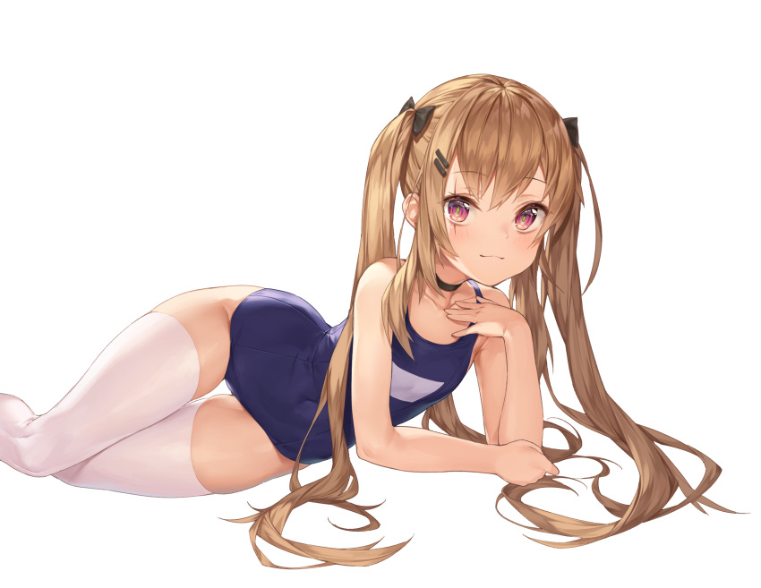 1girl bangs bare_shoulders blue_swimsuit blush brown_hair choker closed_mouth collarbone commentary covered_navel eyebrows_visible_through_hair flat_chest girls_frontline hair_ornament hair_ribbon hairclip hand_on_own_chest highres long_hair looking_at_viewer lying mokew on_side one-piece_swimsuit red_eyes ribbon scar scar_across_eye school_swimsuit simple_background smile solo swimsuit thigh-highs twintails ump9_(girls_frontline) very_long_hair white_background white_legwear