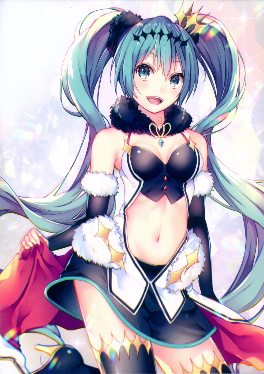 1girl :d absurdres aqua_eyes aqua_hair bare_shoulders boots breasts chromatic_aberration contrapposto cowboy_shot detached_sleeves goodsmile_company goodsmile_racing hatsune_miku high_heel_boots high_heels highres huge_filesize long_hair looking_at_viewer medium_breasts midriff navel open_mouth racing_miku racing_miku_(2018) scan shiomizu_(swat) skirt smile solo standing thigh-highs thigh_boots twintails very_long_hair vocaloid zettai_ryouiki