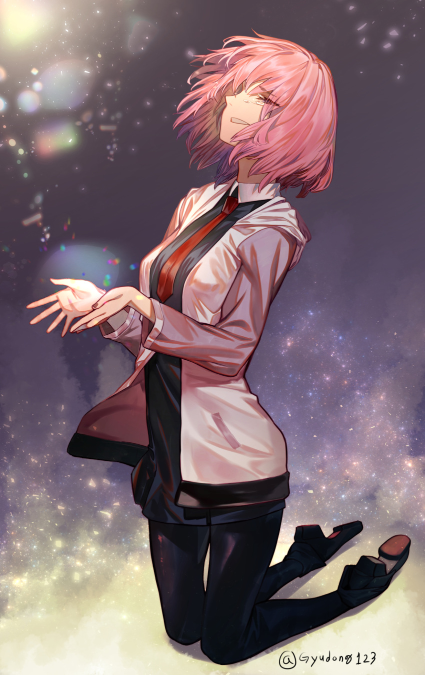 1girl @ artist_name black_footwear black_legwear breasts commentary_request eyebrows_visible_through_hair eyes_visible_through_hair fate/grand_order fate_(series) gyudong123 hair_over_one_eye highres jacket kneeling lavender_hair looking_up mash_kyrielight nail_polish necktie pantyhose pink_nails purple_hair red_neckwear shoes short_hair solo tearing_up tears violet_eyes