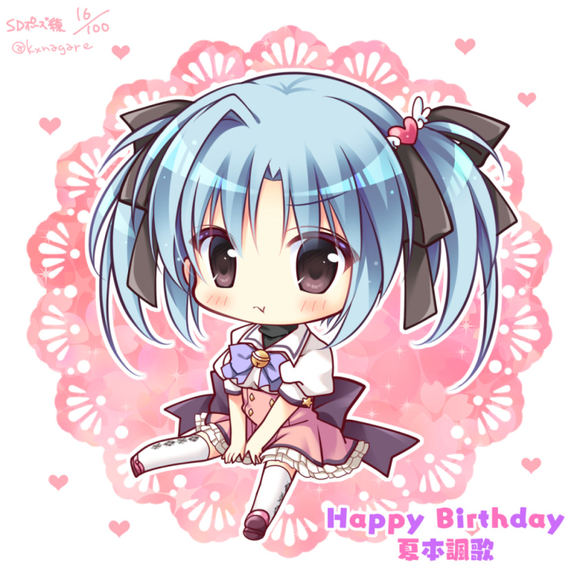 1girl :t argyle argyle_legwear bangs bell between_legs black_bow blue_hair blush bow brown_eyes character_name chibi closed_mouth collared_shirt commentary_request dated doily eyebrows_visible_through_hair frilled_skirt frills full_body hair_between_eyes hair_bow hair_ornament hand_between_legs happy_birthday heart heart_hair_ornament highres jingle_bell looking_at_viewer magical_charming! natsumoto_fuuka pink_footwear pink_skirt pout puffy_short_sleeves puffy_sleeves ryuuka_sane shirt shoe_soles shoes short_sleeves skirt solo star thigh-highs translation_request twitter_username two_side_up v-shaped_eyebrows white_background white_legwear white_shirt