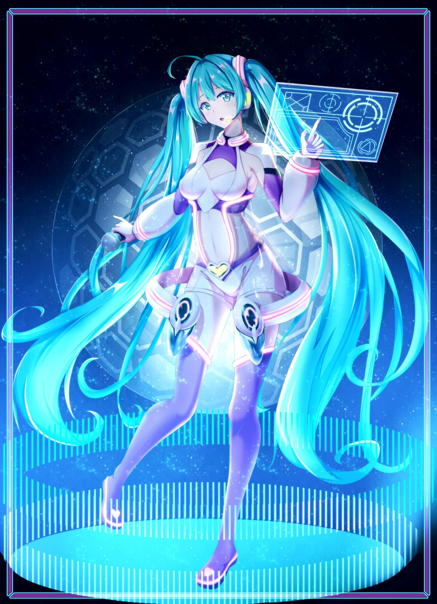 1girl absurdly_long_hair absurdres ahoge blue_eyes blue_hair boots breasts cleavage_cutout cropped_torso crossing_out_(pixiv14028858) floating_hair full_body grey_footwear hatsune_miku highres index_finger_raised long_hair long_sleeves looking_at_viewer medium_breasts midriff navel open_mouth science_fiction shiny shiny_hair short_shorts shorts solo standing standing_on_one_leg stomach thigh-highs thigh_boots twintails very_long_hair vocaloid white_shorts