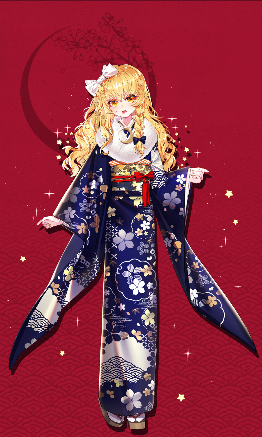 1girl absurdres alternate_costume bangs baocaizi blonde_hair blue_bow blue_kimono blush bow braid cherry_blossom_print crescent egasumi eyebrows_visible_through_hair floral_print full_body fur-trimmed_kimono fur_trim hair_bow hair_ornament hand_up highres japanese_clothes kimono kirisame_marisa long_hair long_sleeves looking_at_viewer no_hat no_headwear obi obiage obijime open_mouth red_background sash seigaiha shide side_braid sidelocks single_braid solo sparkle standing star star_hair_ornament tabi touhou white_bow white_legwear wide_sleeves yellow_eyes zouri