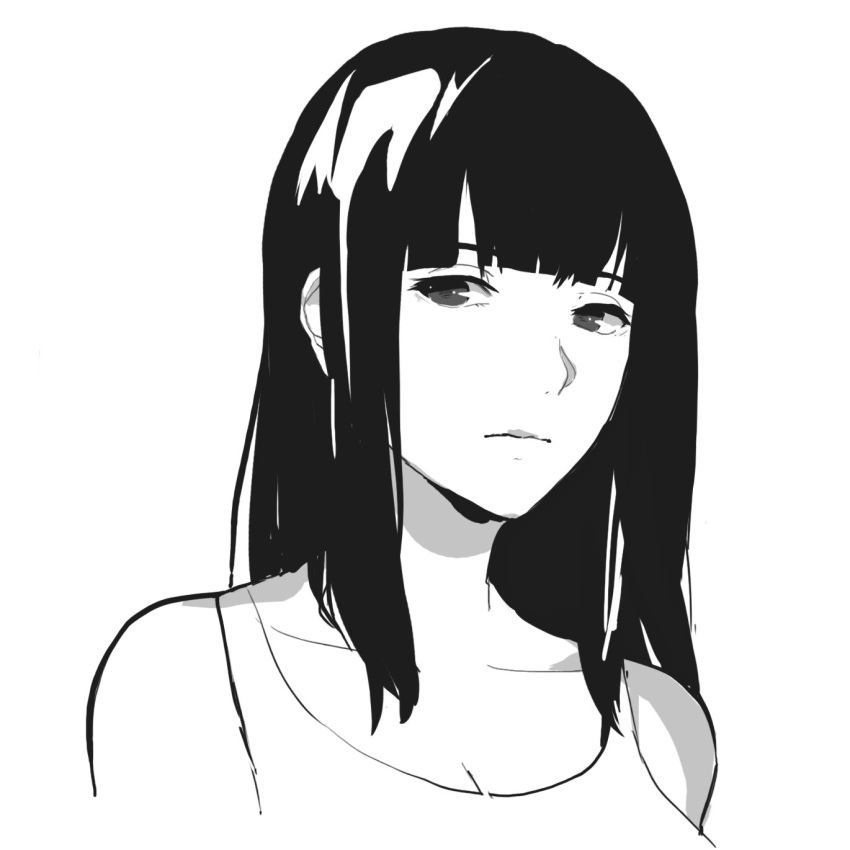 1girl bangs bare_shoulders black_eyes black_hair commentary english_commentary eyebrows highres long_hair looking_to_the_side naoko_(9113419) original solo white_background